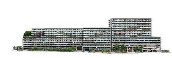 Modern residential architecture facade of Premist Tsurumi Kagetsu Sojiji under blue sky.